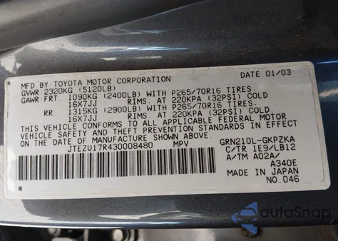 2003 Toyota 4Runner Limited V6 z USA, uszkodzony, nr VIN JTEZU17R430008480